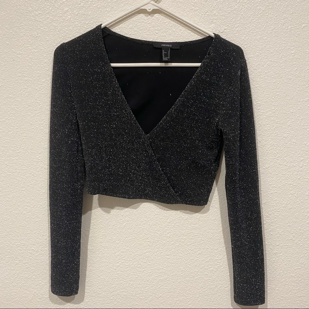 Forever 21 Black Sparkle Long Sleeve Wrap Crop Top